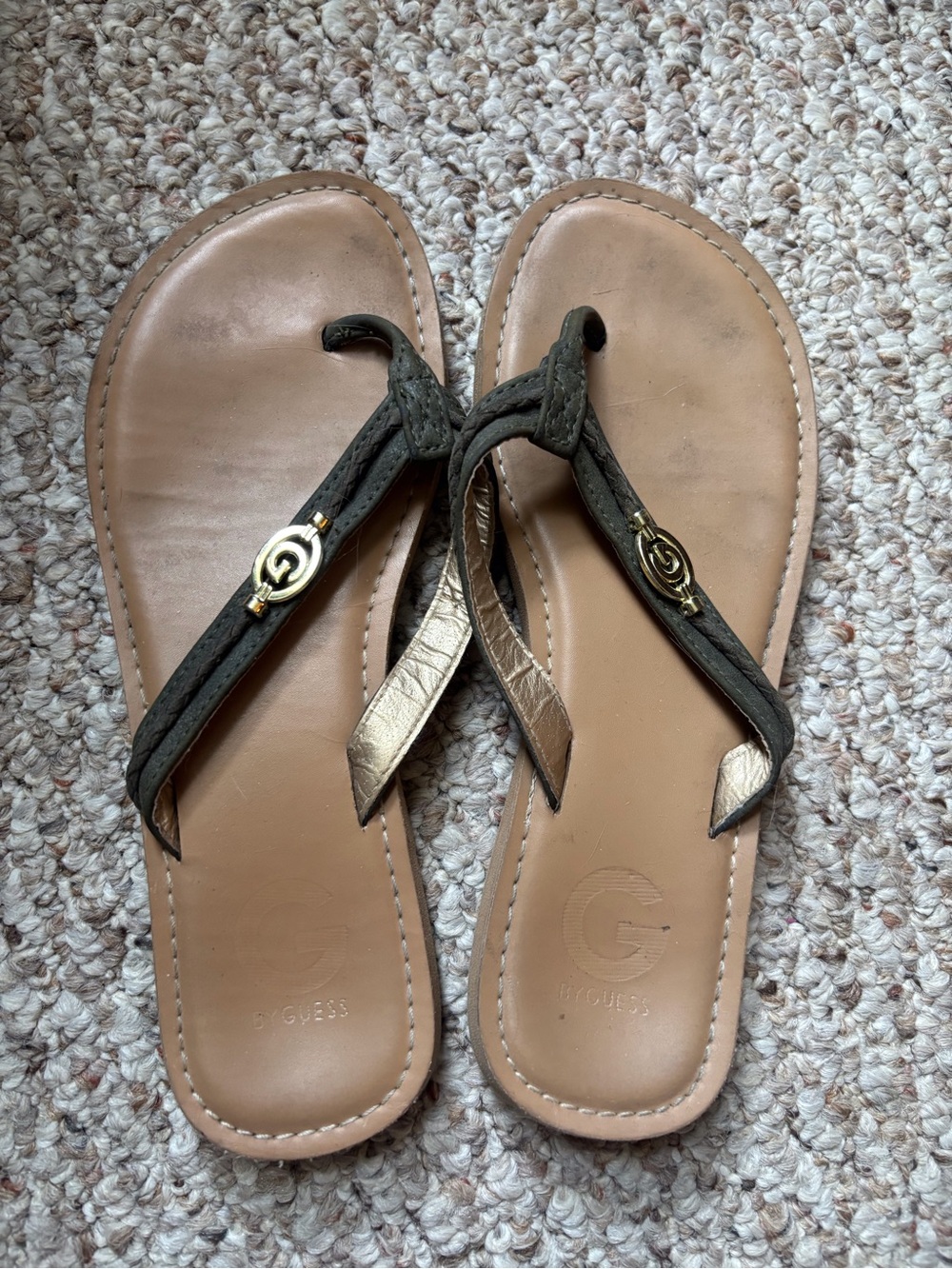 Guess Brown Leather Thong Sandals with Olive Straps & Gold Logo